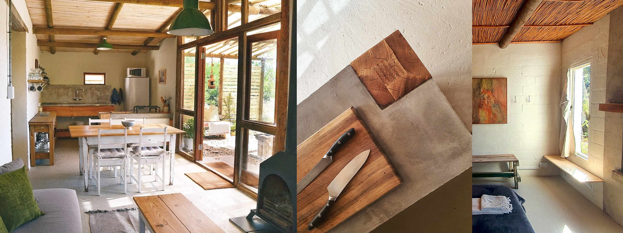 Red Rock's light and comfy living area and kitchen and design details of kitchen and east facing window in bedroom