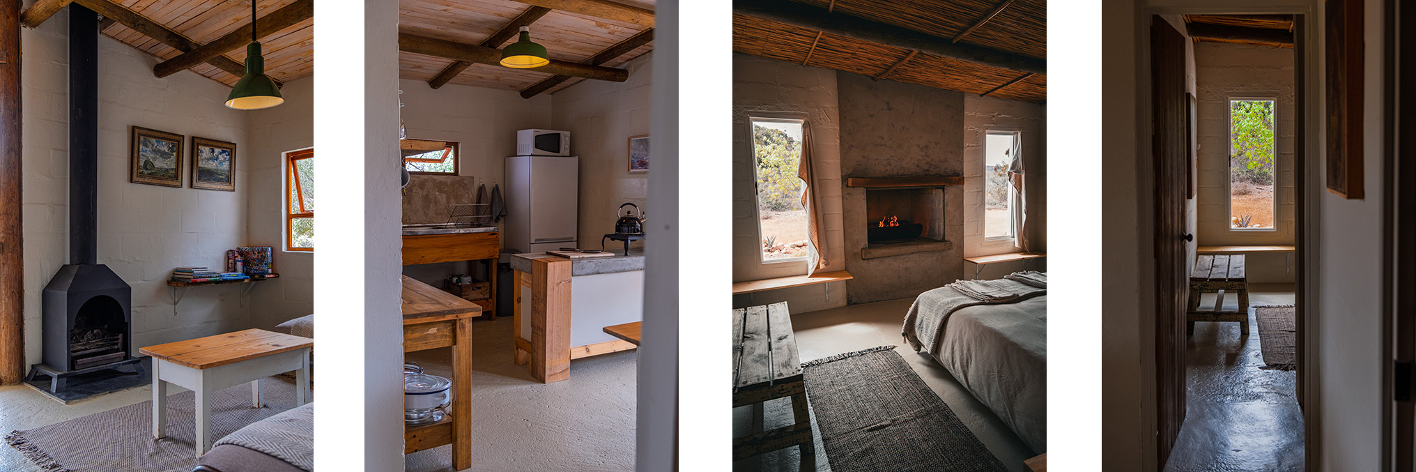 Red Rock interior shots of bedroom and living area with fireplace, plus kitchen